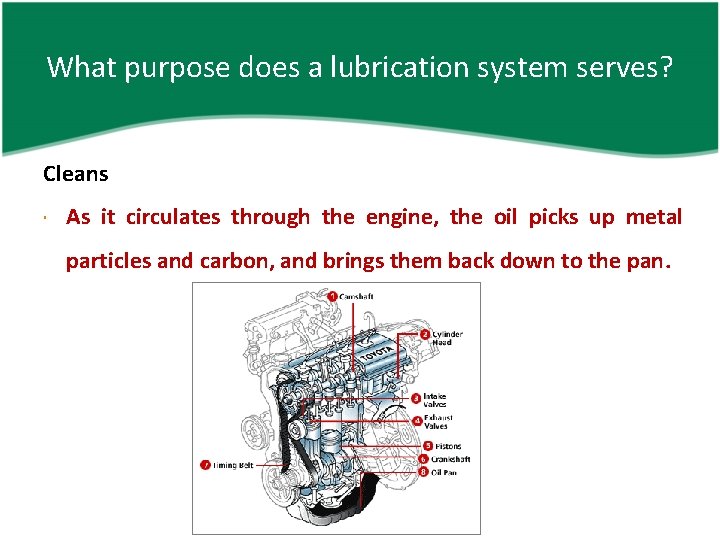 What purpose does a lubrication system serves? Cleans As it circulates through the engine,