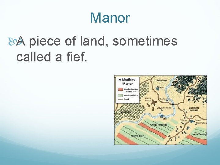 Manor A piece of land, sometimes called a fief. 
