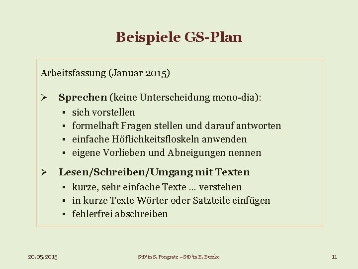 Beispiele GS-Plan Arbeitsfassung (Januar 2015) Ø Sprechen (keine Unterscheidung mono-dia): § sich vorstellen §