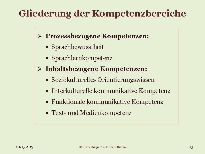 Gliederung der Kompetenzbereiche Ø Prozessbezogene Kompetenzen: § Sprachbewusstheit § Sprachlernkompetenz Ø Inhaltsbezogene Kompetenzen: §