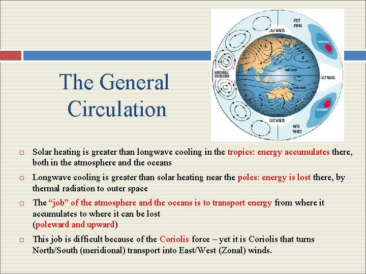 The General Circulation Solar heating is greater than longwave cooling in the tropics: energy