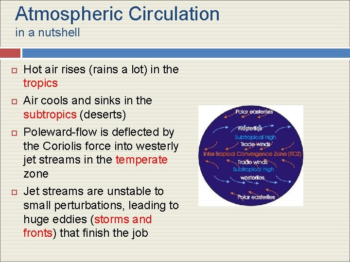 Atmospheric Circulation in a nutshell Hot air rises (rains a lot) in the tropics
