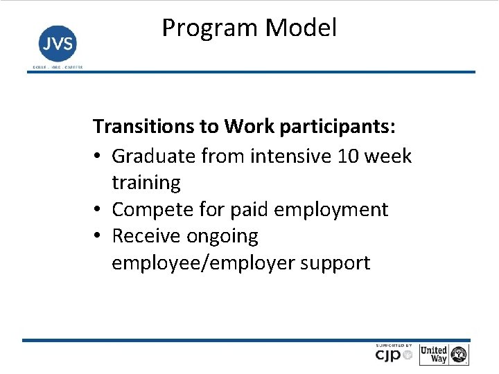  Program Model Transitions to Work participants: • Graduate from intensive 10 week training
