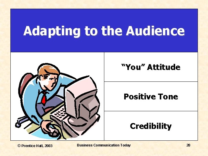 Adapting to the Audience “You” Attitude Positive Tone Credibility © Prentice Hall, 2003 Business