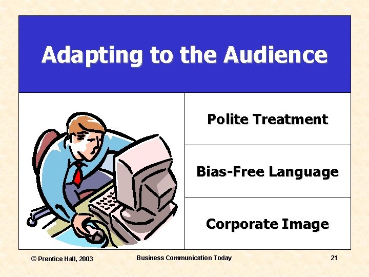 Adapting to the Audience Polite Treatment Bias-Free Language Corporate Image © Prentice Hall, 2003