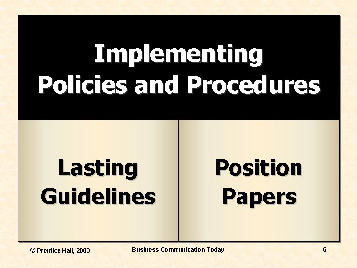 Implementing Policies and Procedures Lasting Guidelines © Prentice Hall, 2003 Position Papers Business Communication