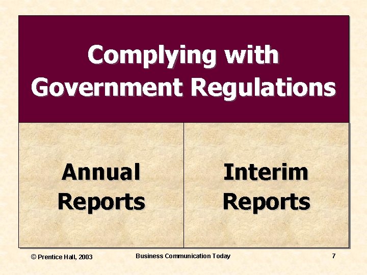 Complying with Government Regulations Annual Reports © Prentice Hall, 2003 Interim Reports Business Communication