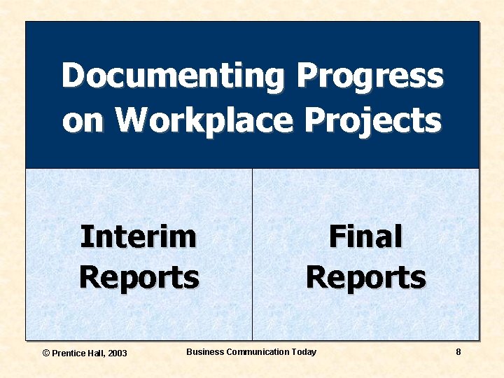 Documenting Progress on Workplace Projects Interim Reports © Prentice Hall, 2003 Final Reports Business