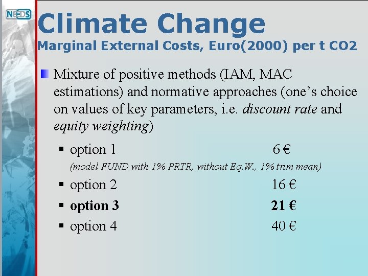 Climate Change Marginal External Costs, Euro(2000) per t CO 2 Mixture of positive methods