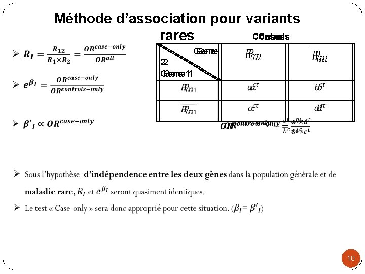  Méthode d’association pour variants Controls Cases rares Gene 22 Gene 1 10 