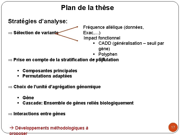 Plan de la thèse Stratégies d’analyse: Fréquence allélique (données, Exac, …) Þ Sélection de