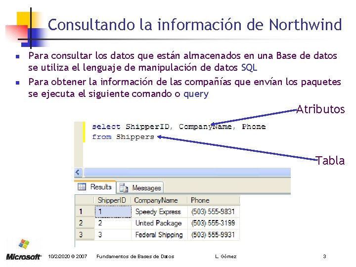 Consultando la información de Northwind n n Para consultar los datos que están almacenados