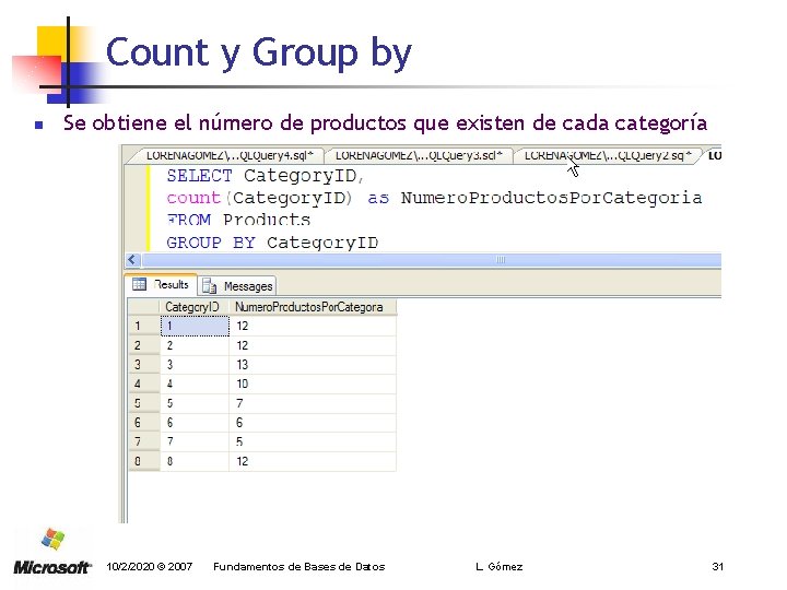 Count y Group by n Se obtiene el número de productos que existen de