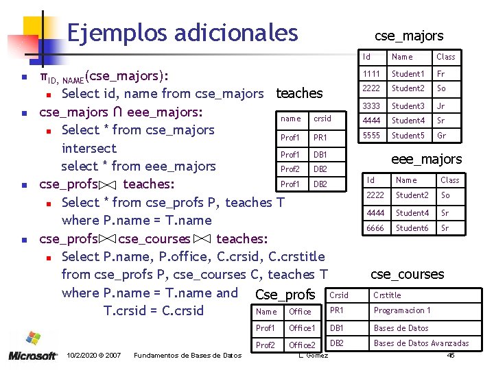 Ejemplos adicionales n n cse_majors πID, NAME(cse_majors): n Select id, name from cse_majors teaches