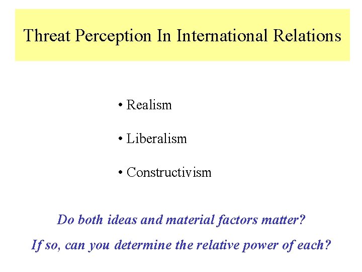 Threat Perception In International Relations • Realism • Liberalism • Constructivism Do both ideas