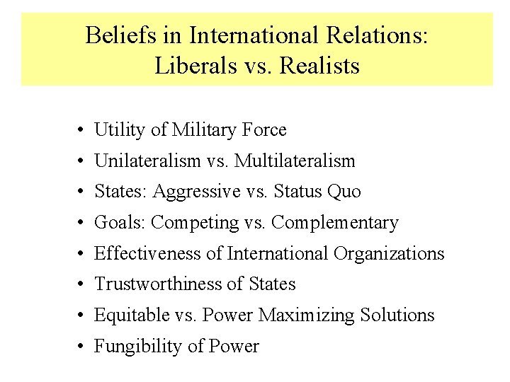 Beliefs in International Relations: Liberals vs. Realists • Utility of Military Force • Unilateralism