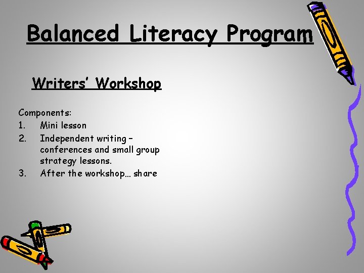 Balanced Literacy Program Writers’ Workshop Components: 1. Mini lesson 2. Independent writing – conferences
