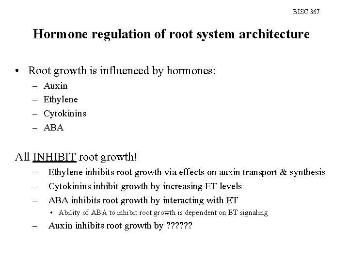 BISC 367 Hormone regulation of root system architecture • Root growth is influenced by