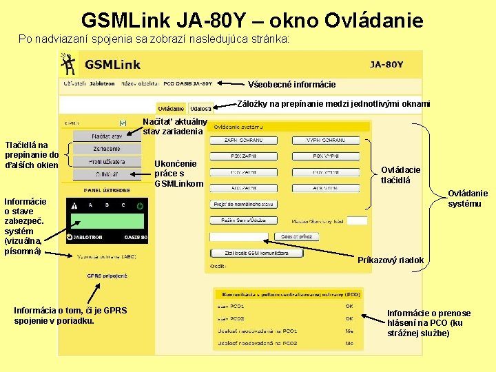 GSMLink JA-80 Y – okno Ovládanie Po nadviazaní spojenia sa zobrazí nasledujúca stránka: Všeobecné