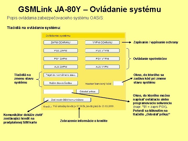 GSMLink JA-80 Y – Ovládanie systému Popis ovládania zabezpečovacieho systému OASi. S: Tlačidlá na