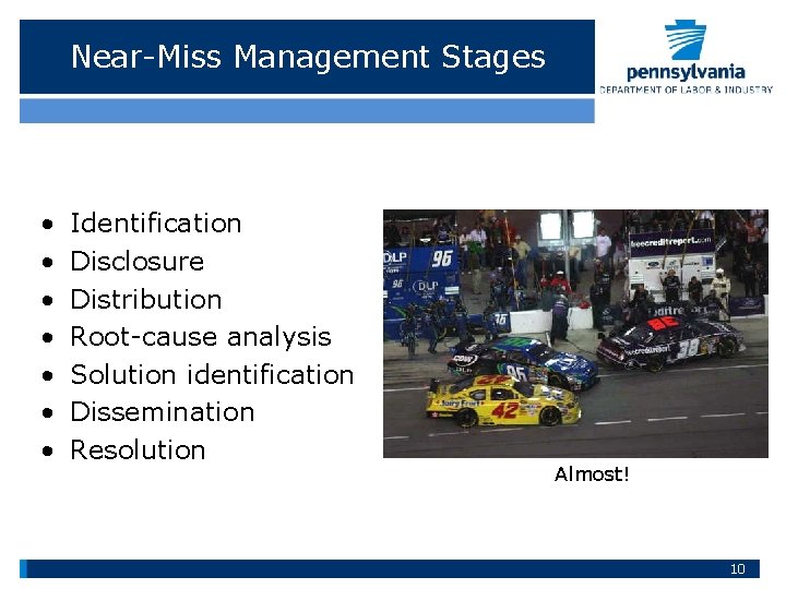 Near-Miss Management Stages • • Identification Disclosure Distribution Root-cause analysis Solution identification Dissemination Resolution