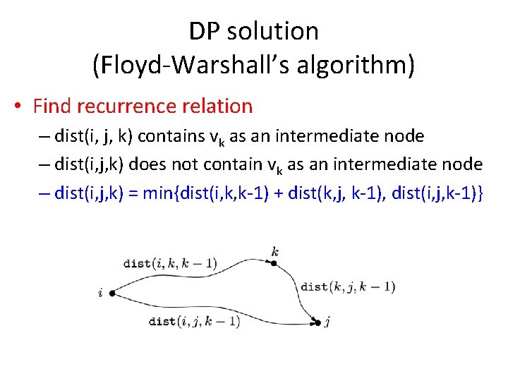 DP solution (Floyd-Warshall’s algorithm) • Find recurrence relation – dist(i, j, k) contains vk