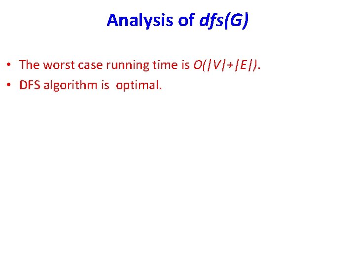 Analysis of dfs(G) • The worst case running time is O(|V|+|E|). • DFS algorithm