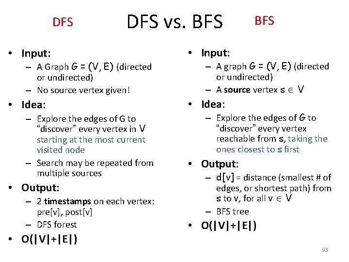 DFS vs. BFS • Input: • Idea: – A Graph G = (V, E)