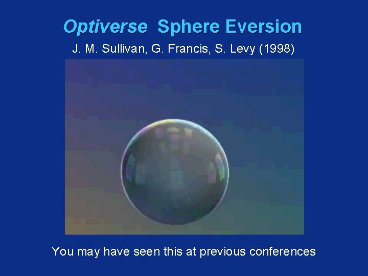 Optiverse Sphere Eversion J. M. Sullivan, G. Francis, S. Levy (1998) You may have