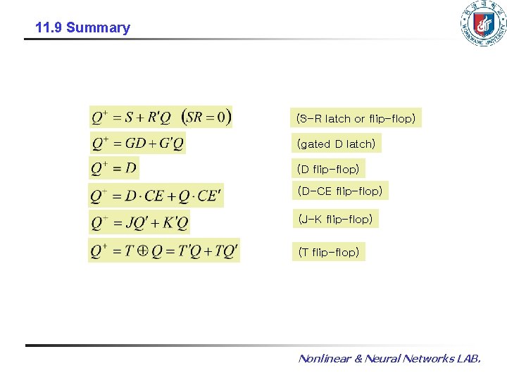 11. 9 Summary (S-R latch or flip-flop) (gated D latch) (D flip-flop) (D-CE flip-flop)