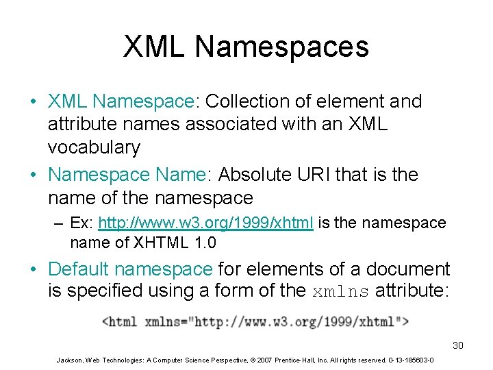 XML Namespaces • XML Namespace: Collection of element and attribute names associated with an