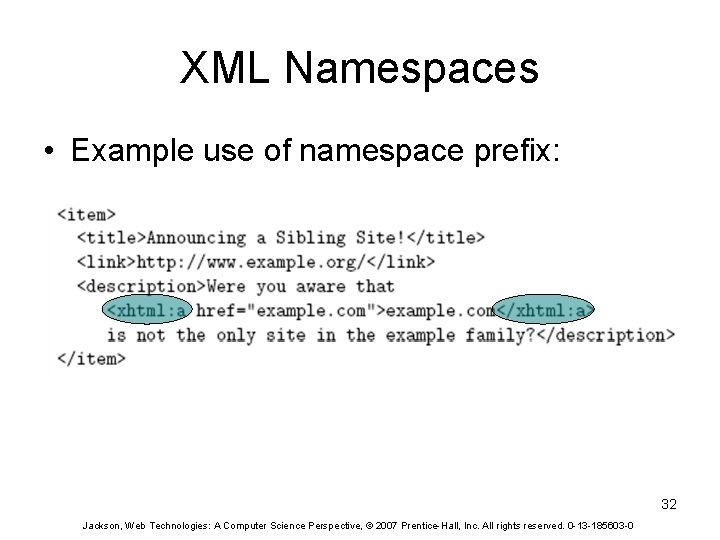 XML Namespaces • Example use of namespace prefix: 32 Jackson, Web Technologies: A Computer