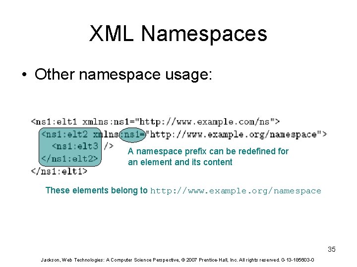 XML Namespaces • Other namespace usage: A namespace prefix can be redefined for an
