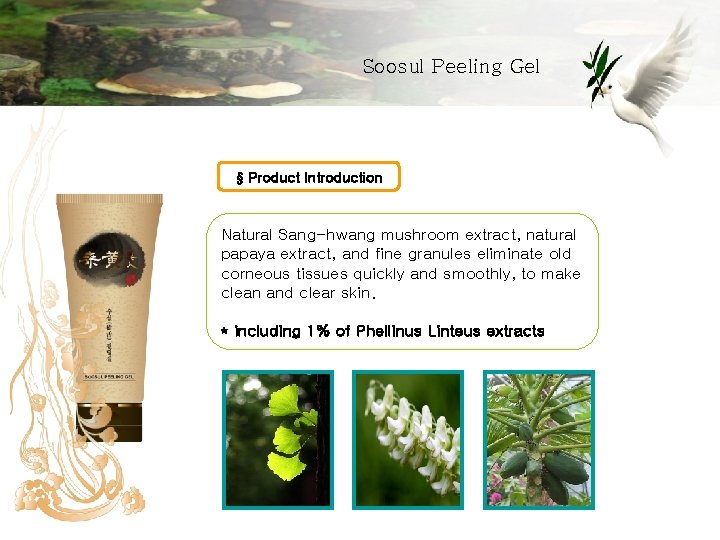 Soosul Peeling Gel § Product Introduction Natural Sang-hwang mushroom extract, natural papaya extract, and
