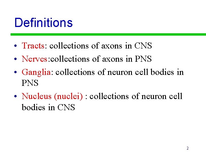 Definitions • Tracts: collections of axons in CNS • Nerves: collections of axons in