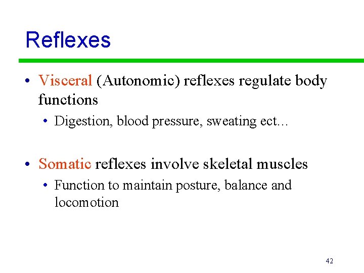 Reflexes • Visceral (Autonomic) reflexes regulate body functions • Digestion, blood pressure, sweating ect…