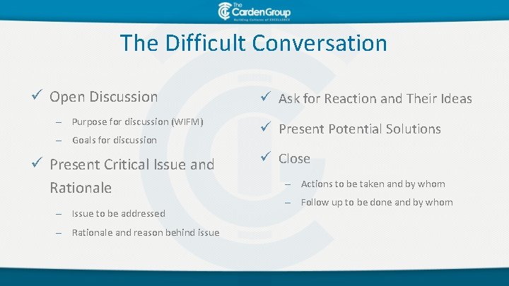 The Difficult Conversation ü Open Discussion – Purpose for discussion (WIFM) – Goals for