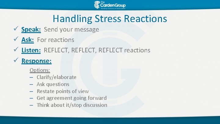 Handling Stress Reactions ü ü Speak: Send your message Ask: For reactions Listen: REFLECT,