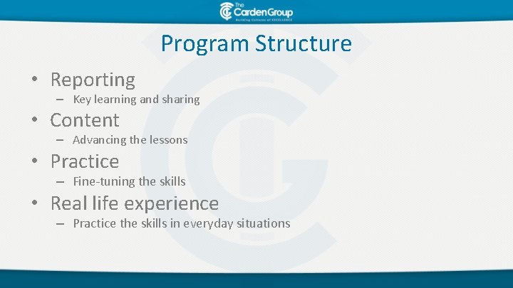 Program Structure • Reporting – Key learning and sharing • Content – Advancing the