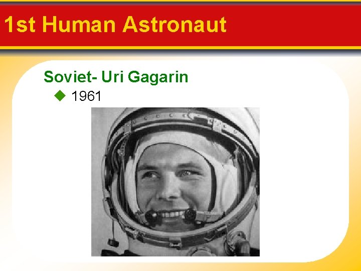 1 st Human Astronaut Soviet- Uri Gagarin 1961 