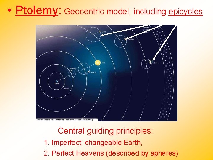  • Ptolemy: Geocentric model, including epicycles Central guiding principles: 1. Imperfect, changeable Earth,