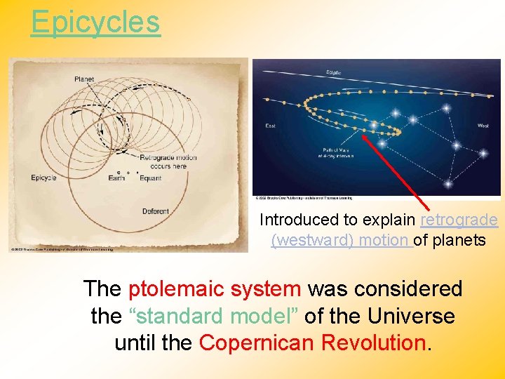 Epicycles Introduced to explain retrograde (westward) motion of planets The ptolemaic system was considered