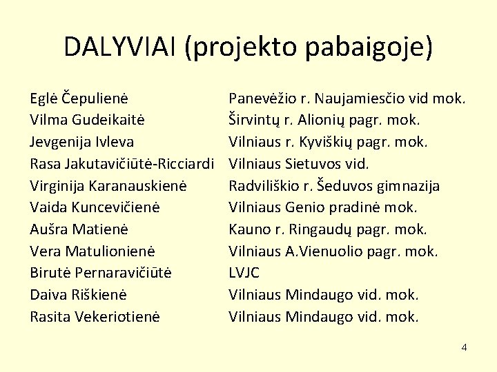 DALYVIAI (projekto pabaigoje) Eglė Čepulienė Vilma Gudeikaitė Jevgenija Ivleva Rasa Jakutavičiūtė-Ricciardi Virginija Karanauskienė Vaida