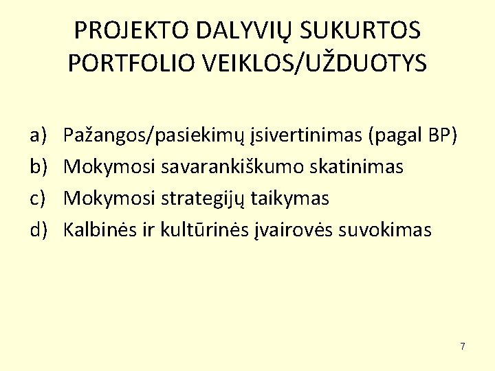 PROJEKTO DALYVIŲ SUKURTOS PORTFOLIO VEIKLOS/UŽDUOTYS a) b) c) d) Pažangos/pasiekimų įsivertinimas (pagal BP) Mokymosi