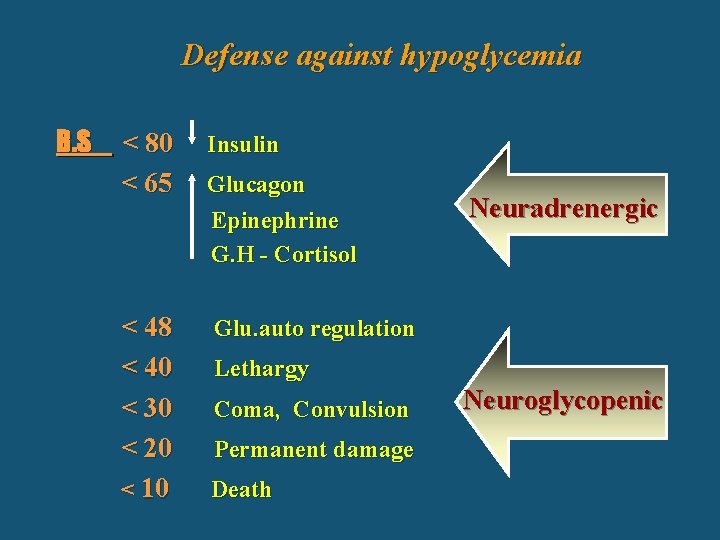 Defense against hypoglycemia B. S < 80 < 65 < 48 < 40 <