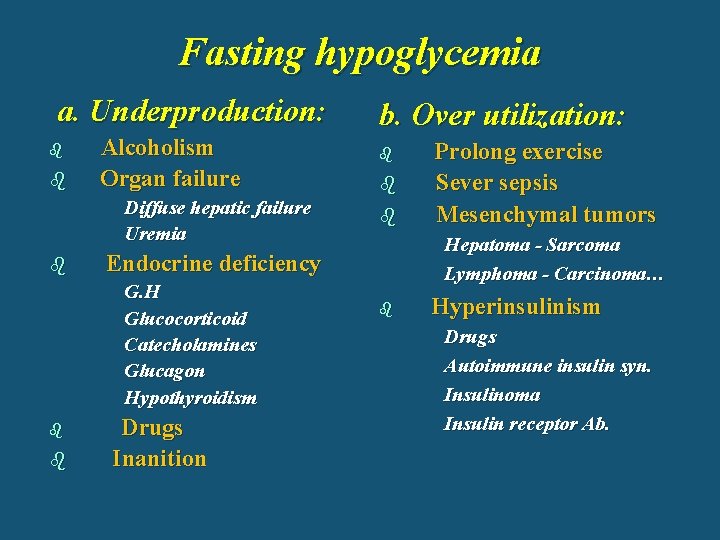 Fasting hypoglycemia a. Underproduction: b b Alcoholism Organ failure Diffuse hepatic failure Uremia b