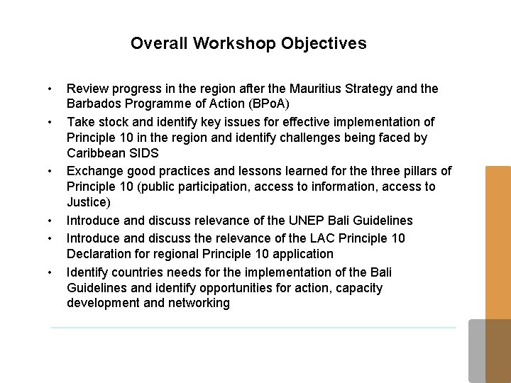 Overall Workshop Objectives • • • Review progress in the region after the Mauritius