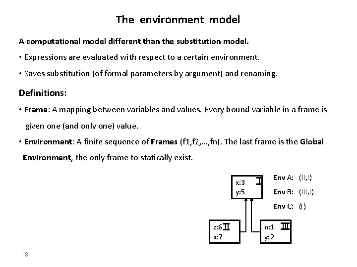 The environment model A computational model different than the substitution model. • Expressions are