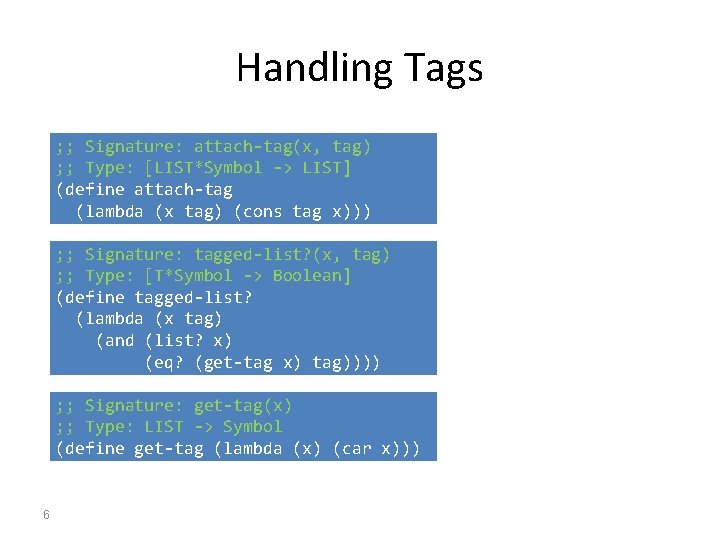 Handling Tags ; ; Signature: attach-tag(x, tag) ; ; Type: [LIST*Symbol -> LIST] (define