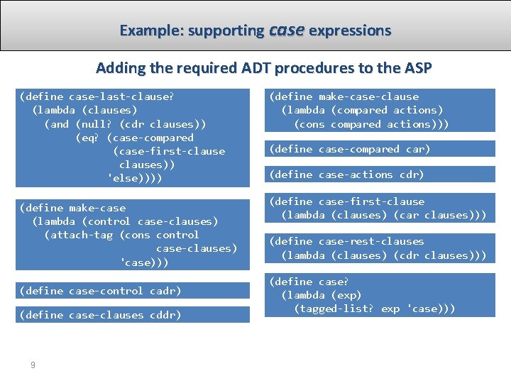 Example: supporting case expressions Adding the required ADT procedures to the ASP (define case-last-clause?
